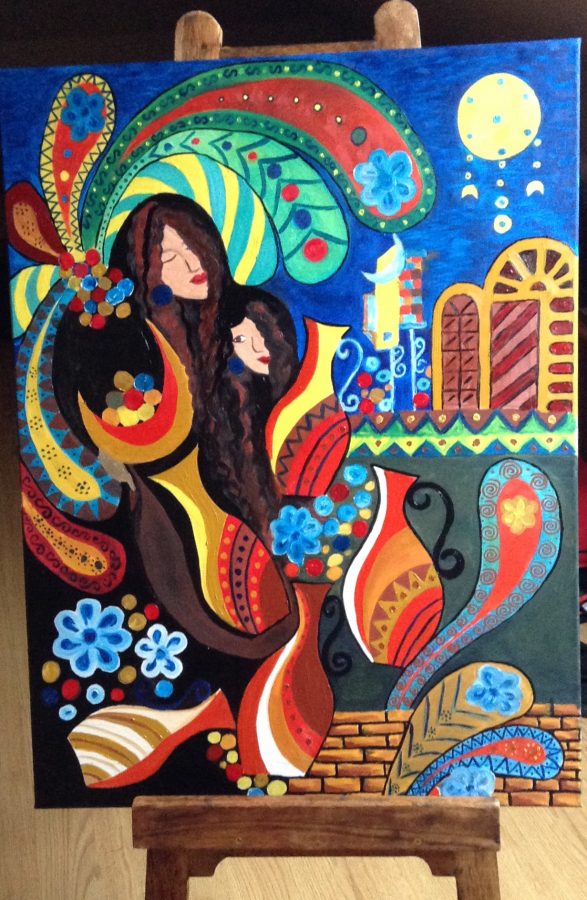 Mujeres , palmeras y jarrones