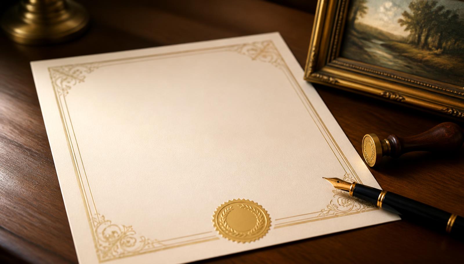Certificado impreso con sello dorado junto a una pluma y una pequeña pintura enmarcada