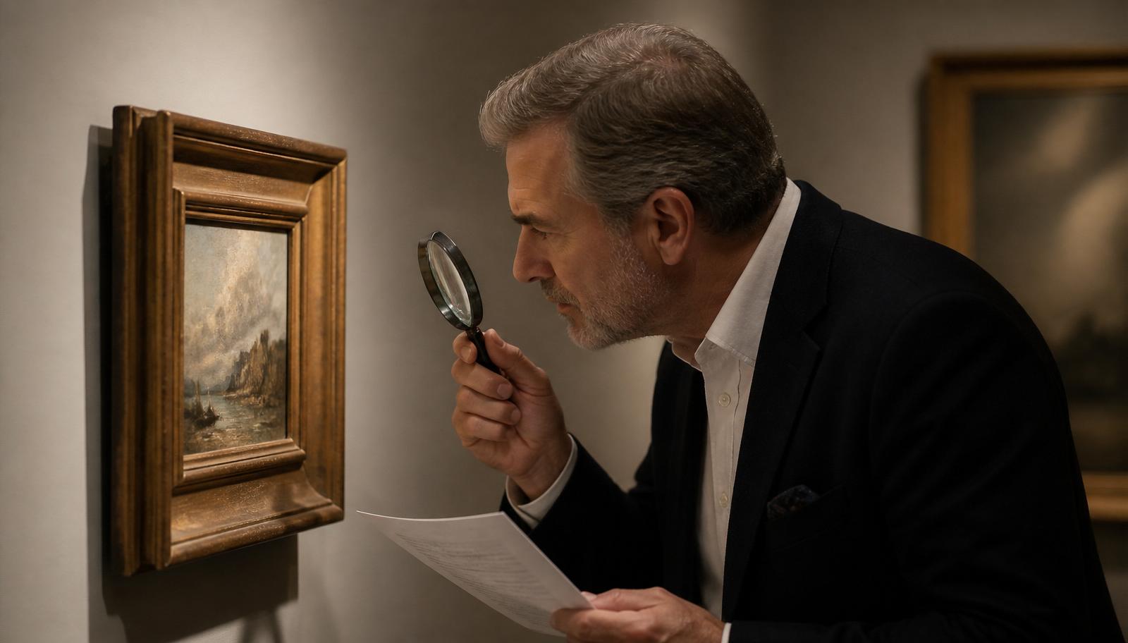 Coleccionista examinando una pintura con una lupa mientras sostiene documentación impresa