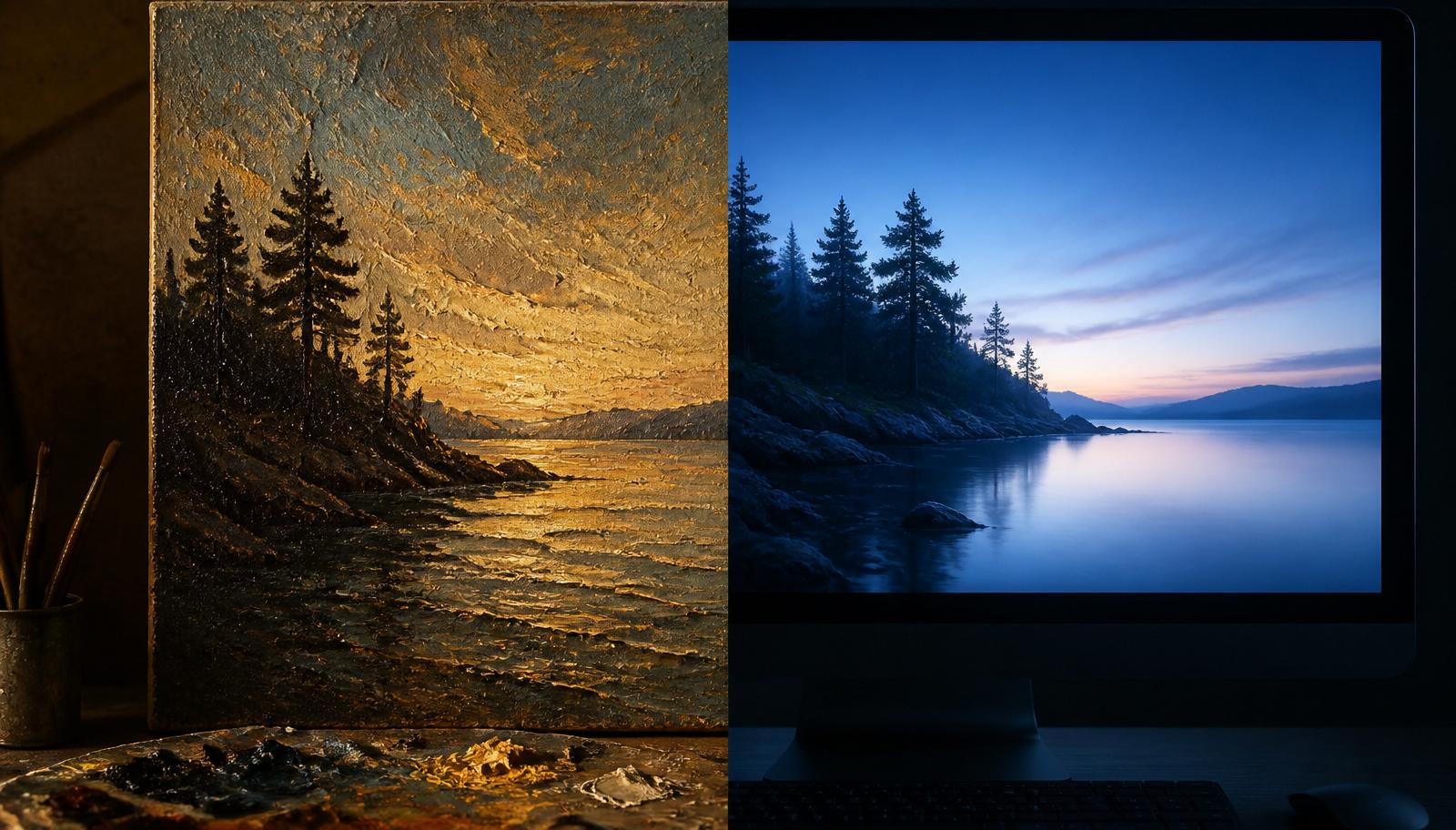 Comparación entre una pintura física con textura de óleo y una imagen digital mostrada en una pantalla