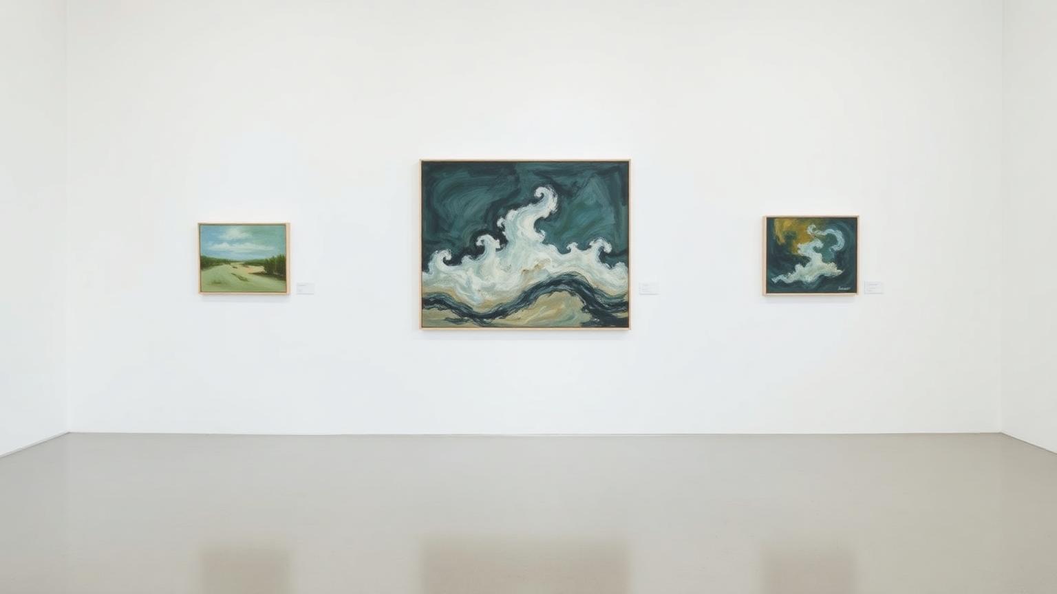 Tres cuadros de distintos tamaños colgados en una pared blanca de galería