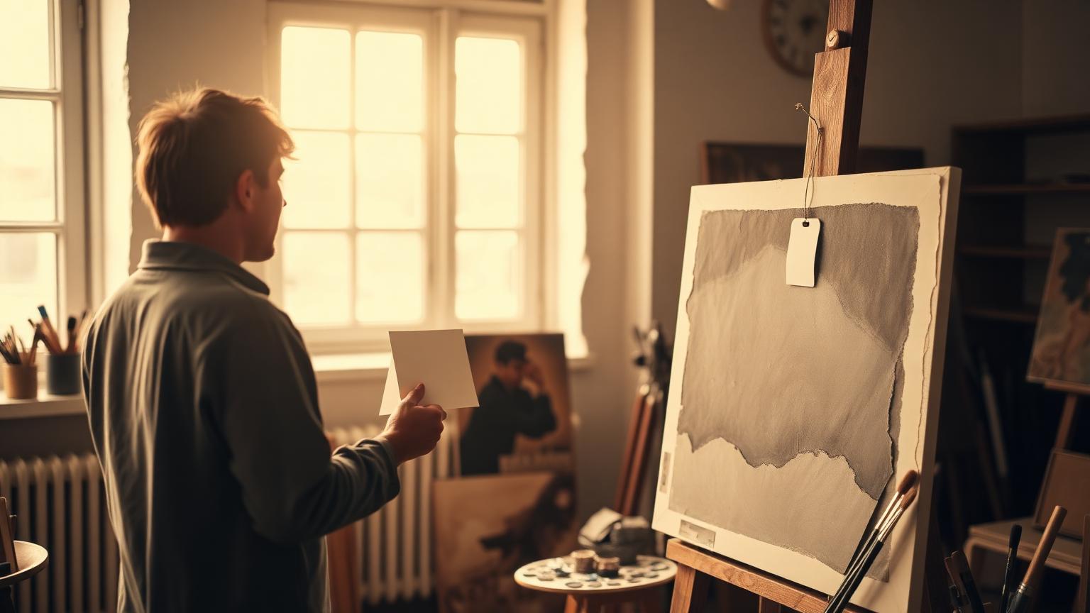 Artista en su estudio observando una obra terminada sobre el caballete con una etiqueta en la mano