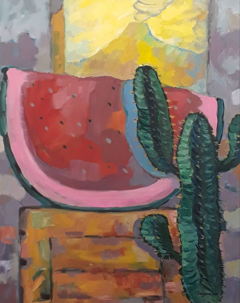 Naturaleza muerta con sandía, cactus y volcán. — Jesús Laguna