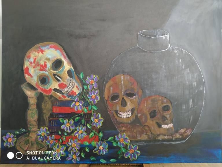 Niño tocando la gaita y calaveras riendo — Violeta Tasende Souto