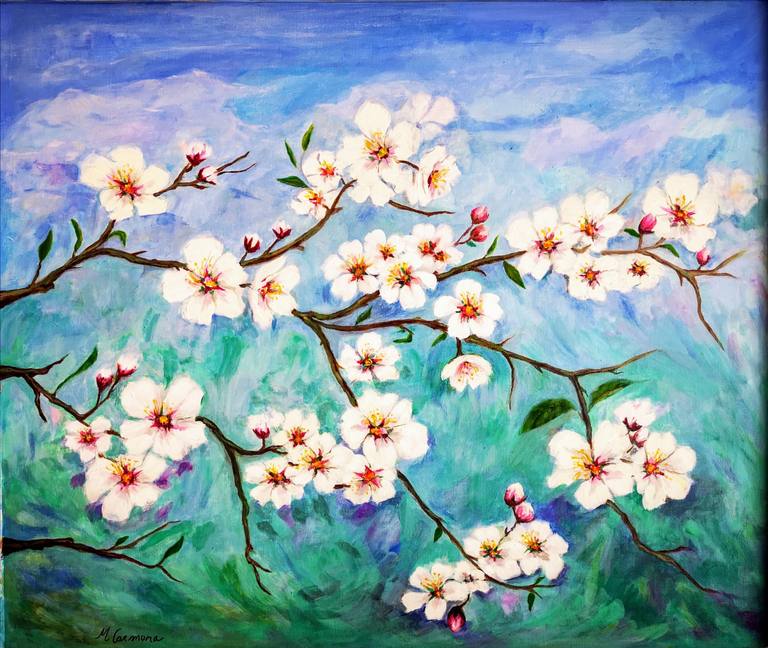 Flor de almendro sobre verde y azul — Manuela Azahar