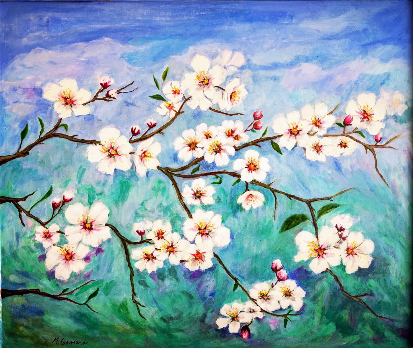 Flor de almendro sobre verde y azul — Manuela Azahar